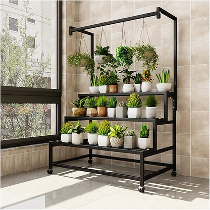 39in Large Metal Plant Stand, 4 Tier with Hanging Tall Plant pot shelf (67in), with Rollers Heavy Duty Plant Holder, for Home/Garden/living room/balcony (BLACK, 39IN)
