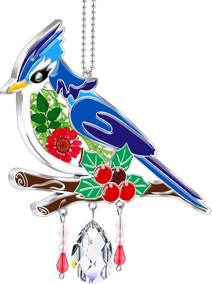 KY&BOSAM Blue Bird Suncatcher Gifts for Mom Hand Painted Stained Glass for Windows Hanging Wind Chime Pressed Rearl Flower Wings and Crystal Charm Gift for Mom Mother`s Day Birthday Christmas Decor