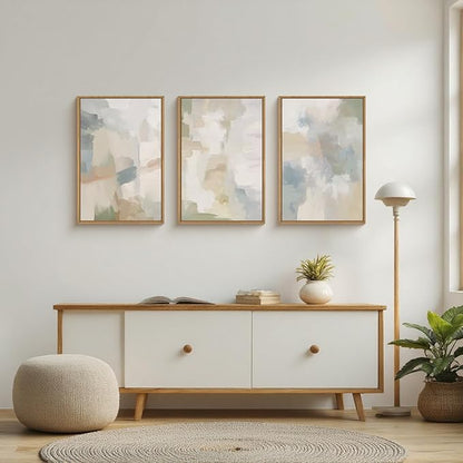 Large Abstract Gray Pastel Framed Canvas Wall Art Set,Neutral Watercolor Brush Stroke Wall Decor,Modern Minimalist Beige Illustration Artwork for Living Room,Bedroom,Dining Room -24"x36"x3