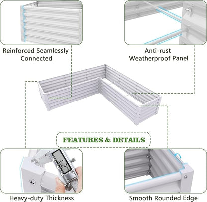 A ANLEOLIFE L-Shaped Galvanized Raised Garden Beds Outdoor,74x74x18in Large Metal Planter Box for Planting Vegetables Flowers Herb, Anti-Rust & Easy-Setup, Antique White
