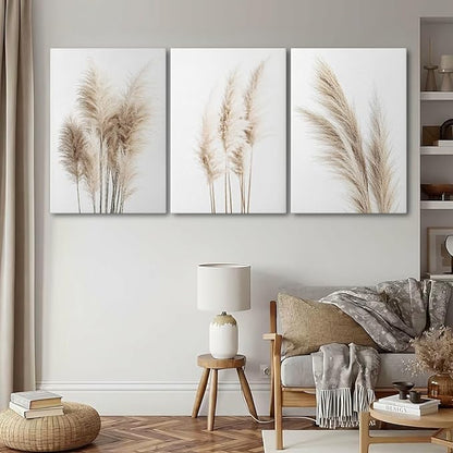 Wivsev Pampas Grass Canvas Wall Art,Beige Botanical Wall Art,Nature Botanical Pictures Prints,Minimalist Wall Decor for Living Room,Bedroom,Bathroom Decorations (16" x 24" x 3 pcs)
