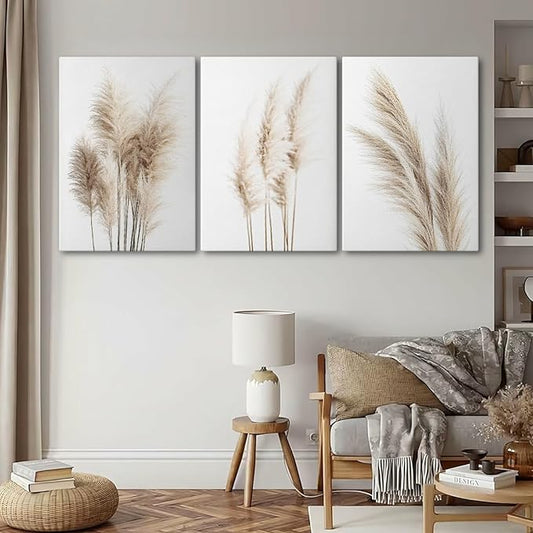 Wivsev Pampas Grass Canvas Wall Art,Beige Botanical Wall Art,Nature Botanical Pictures Prints,Minimalist Wall Decor for Living Room,Bedroom,Bathroom Decorations (12" x 18" x 3 pcs)