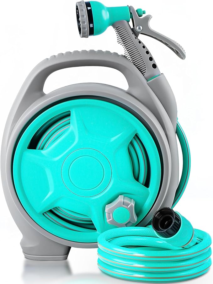 50FT Retractable Garden Hose Reel, Lightweight & Portable Hose Reel with 6 Patterns Spray Nozzle, Suitable for US Standard Hose Connection