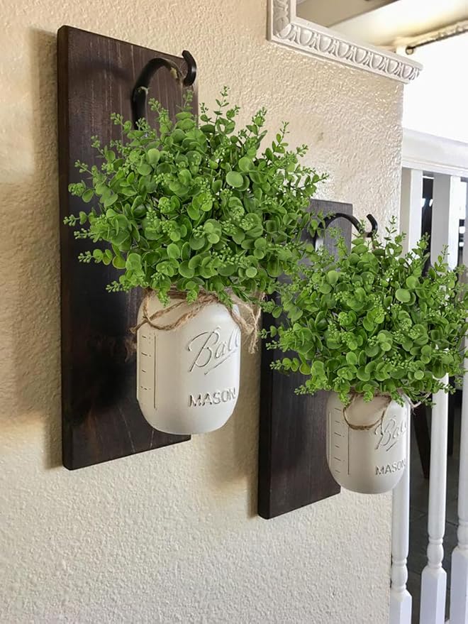 Artificial 5Pcs Faux Eucalyptus Leaves Stems Fake Plants Sharp UV Resistant Faux Plastic Boxwood for Wedding Kitchen Office Garden Porch Farmhouse Window Box Home Decor
