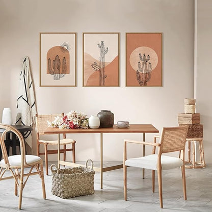 Ausril Boho Minimalist Cactus Framed Canvas Wall Art Set, Mid Century Saguaro Wall Decor, Abstract Geometric Desert Wall Painting, Beige Brown Plant Art Prints for Living Room, Bedroom, Office - 24"X36"X3