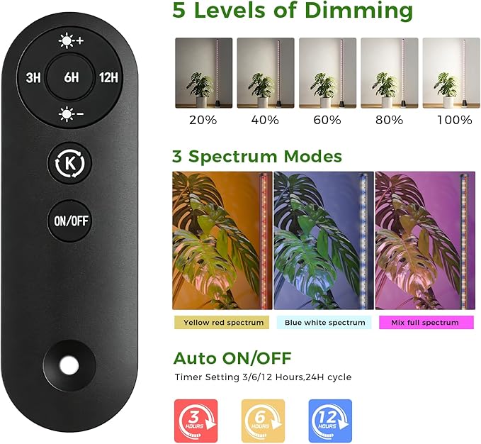 Grow Lights for Indoor Plants with Timer, 2PCS 60 Inch Vertical Grow Light Full Spectrum 384 LEDs 48W with Remote 3/6/12H Auto On/Off 3 Light Modes 5-Level Dimmable Standing Plant Lamp