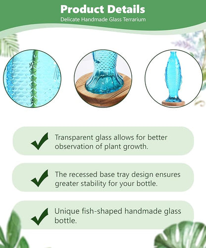 Nacome Fish Vase Propagation Stations: Glass Plant Terrarium with Wooden Stand for Home Office Desk Decor, Unique Gifts for Plant Lovers Women Mom (Blue)