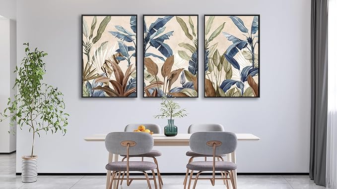 Large Framed Botanical Wall Art - Tropical Leaf Wall Decor 16"x24" Set of 3 Beige Boho Art Prints Minimalist Palm Painting Rustic Plant Canvas Pictures for Living Room Bedroom Office Artwork