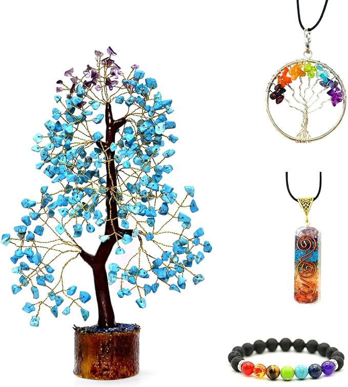 Turquoise & Amethyst Golden Wire Artificial Gemstone Tree – Crystal Healing Decor for Home, Office & Meditation