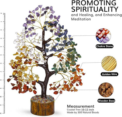 NARIBABU 7 Chakra Crystal Tree with 300 Gemstones – 10-12 Inch Energy Tree with Golden Wire & Wooden Base – Gifts for Her, Healing Crystals Decor, Birthday Gift for Women