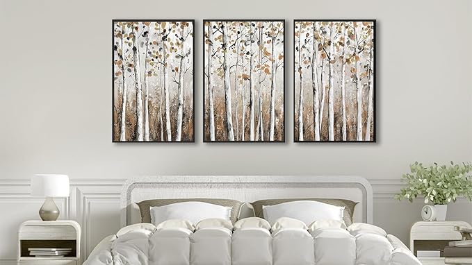 Large Framed Tree Wall Art - Abstract Forest Wall Decor 24"x36" Set of 3 Aesthetic Autumn Birch Painting Prints Modern Brown Plant Canvas Pictures for Living Room Bedroom Office Artwork