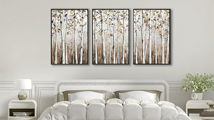Large Framed Tree Wall Art - Abstract Forest Wall Decor 20"x28" Set of 3 Aesthetic Autumn Birch Painting Prints Modern Brown Plant Canvas Pictures for Living Room Bedroom Office Artwork
