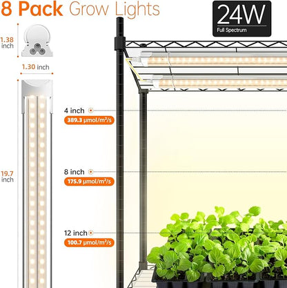 Bstrip 71" Indoor Greenhouse with Grow Light, 6-Tier DIY Plant Shelf with Adjustable Rack and Wheels, 8-Pack 192W Full Spectrum LED Plant Light for Indoor Plants, Seed Starting, (29.5" L x 13.8" W)