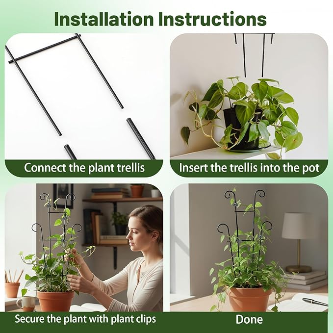 25.6 Inch Plant Trellis for Climbing Plants, 4 Pack Metal Garden Trellis for Potted Plants Indoor House Plant Climber Support Stakes with Plant Clips for Monstera Pothos Hoya Ivy Flower