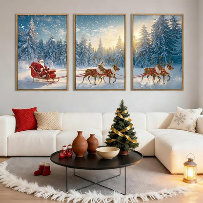 Framed Christmas Wall Art Santa Claus Wall Art Santa Winter Artwork for Living Room Bedroom Dining Room 16x24 Inches Set of 3