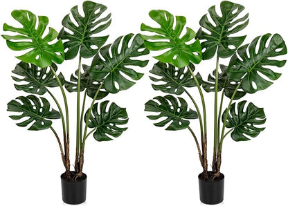 Hollyone 2 Pack Artificial Monstera Deliciosa Plant 3FT Tall Fake Tropical Palm Plants Trees Faux Monstera Indoor Swiss Cheese Plants for Indoor Outdoor Home Office Garden Living Room Decoration