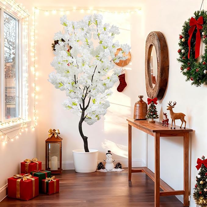 White Faux Cherry Blossoms Tree Artificial Cherry Blossom Tree Bedroom Trees for Home Christmas New Year Decor