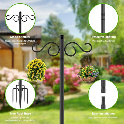 Double Shepherds Hooks for Outdoor,2 Pack 55 Inch Bird Feeder Pole with 5 Prongs Base,Heavy Duty Shepherds Hook,Suitable for Garden in Hanging Flower Basket,Lantern,Bird Nests (2 Pack 55 inch)