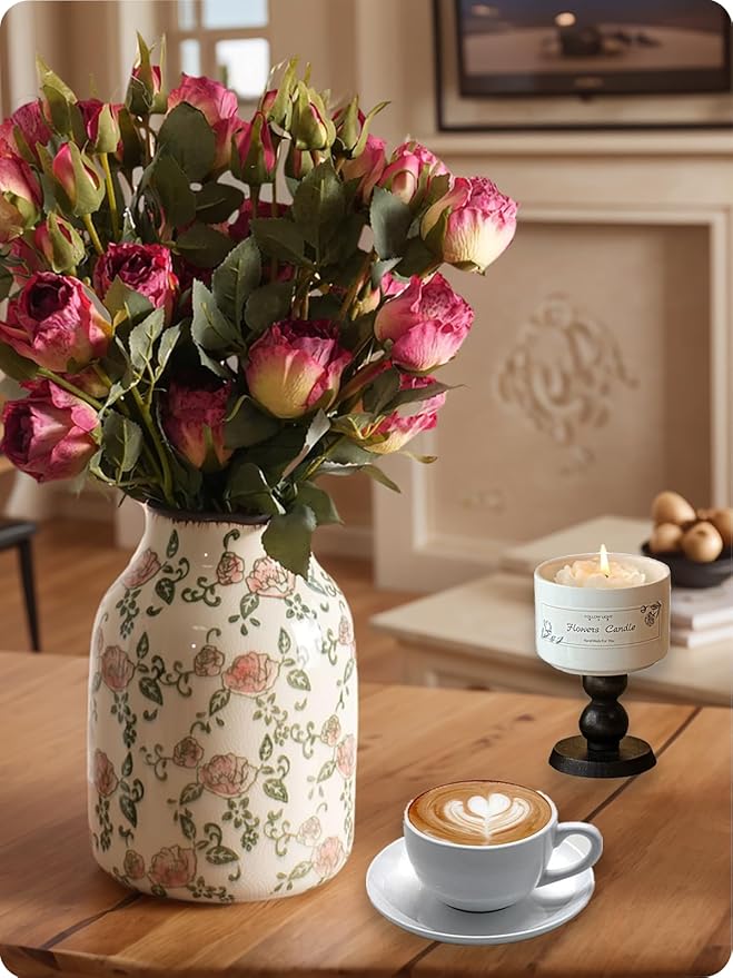 Vintage Ceramic Vase - 7.8 Inch Hand-Painted Roses with Ice Crackle Glaze Finish, American Farmhouse Style Pitcher Vase for Home Decor, Centerpiece, Shelf, Table, Office, Rustic Wedding Gift