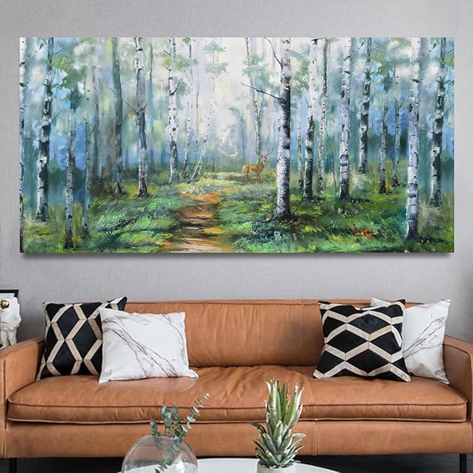 Enartly Birch Tree Wall Art for Living Room, Large Wall Decor Canvas Painting Green Forest Nature Picture Scenery Artwork Textured Framed for Bedroom Hallway Home Office Decoration 48"x24"