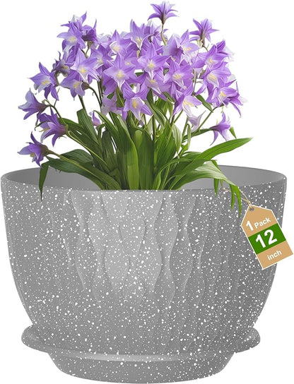 12 Inch Large Plant Pots, Flower Pots with Multi-Mesh Drainage Holes and Saucer, Plastic Planters for Indoor and Outdoor Garden Plants (Speckled Grey, 12")