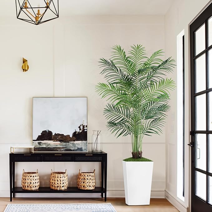 7ft Artificial Palm Tree with White Planter-Tall Artificial Indoor Plants, Fake Tropical Palm Tree, Faux Silk Plants for Home Office Living Room Bedroom Modern Decor