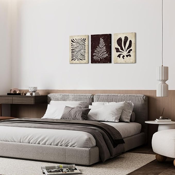 AoArtWZ 3 Pieces Botanical Plant Canvas Wall Art Boho Leaves Beige and Black Painting Minimalist Artwork for Kitchen Spa Yoga Room Decor Framed 12" x 16" x 3pcs