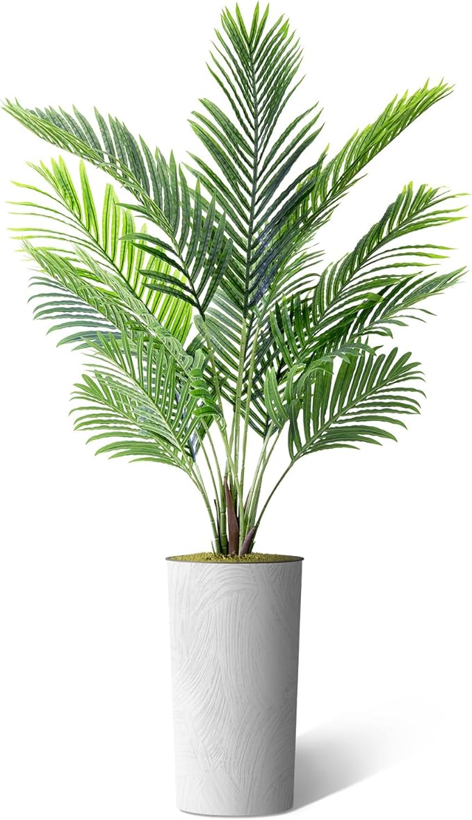 Artificial Tree in White Marble Effect Planter, Fake Areca Tropical Palm Silk Tree for Indoor and Outdoor Home Decoration - 66" Overall Tall (Plant Pot Plus Tree)