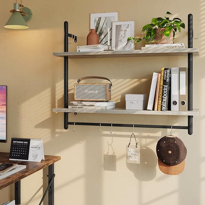 Bestier Pipe Shelf Industrial Floating Shelving 31" Kitchen Wall-Mounted Shelves with 8 Towel Bar Hooks Coffee Bar Shelf Wine Hanging Display Rack Bookshelf Living Room Decor Bathroom-Retro Grey