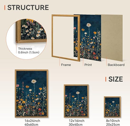 CAZLOUC Vintage Wildflower Wall Art, Colorful Botanical Flower Wall Decor, Rustic Dark Blue Floral Canvas Painting, Classic Minimalist Poster Print for Bedroom Office Wood Framed 8x10 Inch