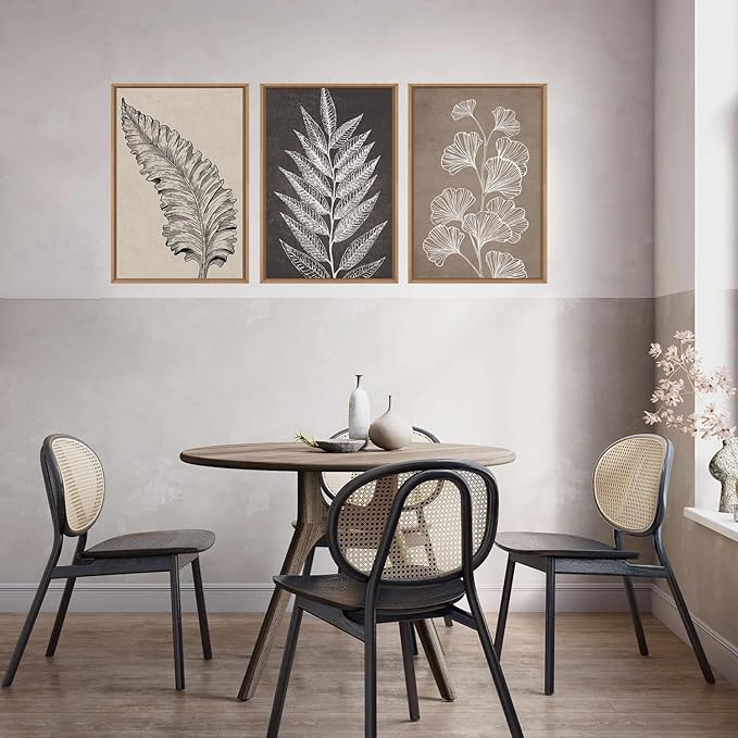 HOURIA Abstract Boho Fern Leaf Floral Framed Canvas Wall Art Set,Vintage Botanical Leaves Wildflower Decor,Modern Minimalist Nature Inspired Beige & Brown Artwork for Living Room,Farmhouse-16 x24 x3