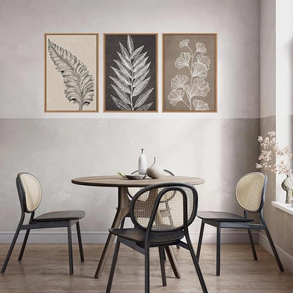 HOURIA Abstract Boho Fern Leaf Floral Framed Canvas Wall Art Set,Vintage Botanical Leaves Wildflower Decor,Modern Minimalist Nature Inspired Beige & Brown Artwork for Living Room,Farmhouse-16 x24 x3