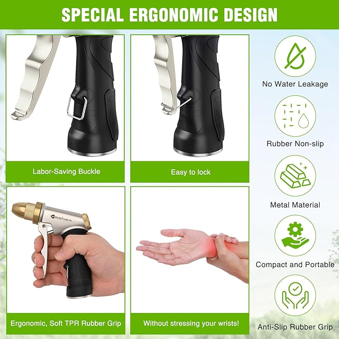 Yesker Garden Hose Nozzle Water Hose Sprayer Nozzle Adjustable 4 Spray Patterns Heavy Duty 100% Metal Brass Water Nozzles with Non-Slip Rubber Grip for Hose Outdoor Watering Plant Lawn Washing Car Pet