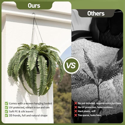 48" Artificial Boston Fern Hanging Plants with Basket - UV Resistant Fake Plant for Outdoor Indoor - Large Realistic Faux Greenery for Front Porch, Front Door, Patio Decor, Set of 1, VN142