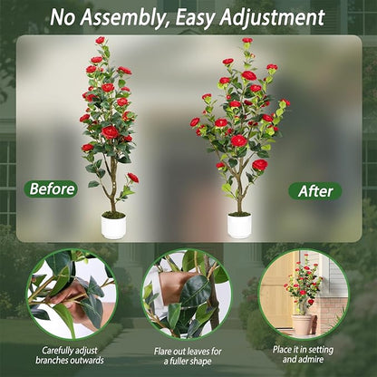 Artificial Camellia Tree 4FT – Nearly Natural Faux Plants Indoor, with Easy Assembly, Low Maintenance, Ideal for Both Indoor Decoration and Other Purposes，Perfect Porch Christmas Trees (Red 4ft x2)