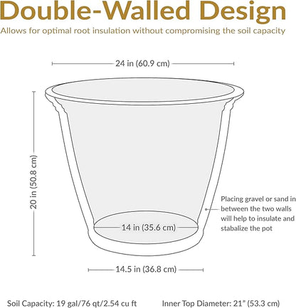 Sunnydaze 24-Inch Anjelica Large Plastic Pot for Plants - Double-Walled Outdoor Polyresin Round Planter Porch Pot with Drillable Drainage Holes - Sable - 2pk