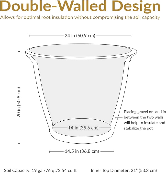 Sunnydaze 24-Inch Anjelica Large Plastic Pot for Plants - Double-Walled Outdoor Polyresin Round Planter Porch Pot with Drillable Drainage Holes - Beige - 3pk