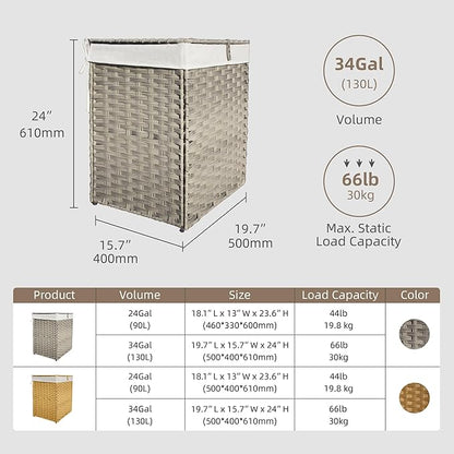 Woven Rattan Laundry Hamper with Lid & Handles,130L Foldable Laundry Basket Includes Machine Washable Removable Liner with 2 Compartments for Storage Basket for Bedroom, Bathroom (Gray)