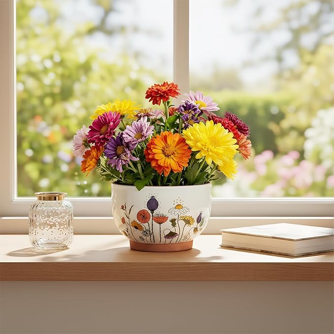 YBX 8 Inch & 6 Inch Terracotta Plant Pots, Flower Pots for Indoor Plants with Drainage, Planters with Floral Accent for Indoor Plants (French Country)