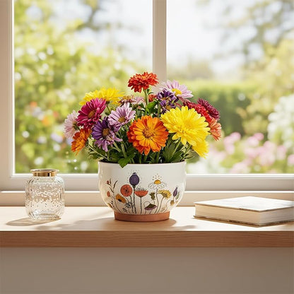 YBX 8 Inch & 6 Inch Terracotta Plant Pots, Flower Pots for Indoor Plants with Drainage, Planters with Floral Accent for Indoor Plants (French Country)