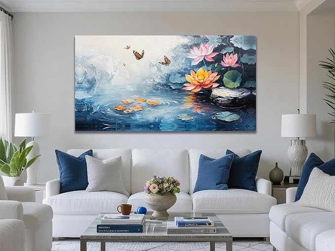 Enartly Lotus Canvas Wall Art for Living Room, Butterfly Floral Painting Zen Artwork Framed for Bedroom Hallway Spa Salon Yoga Picture Home Office Wall Decor, Large 40"x20"