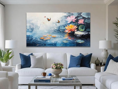 Enartly Lotus Canvas Wall Art for Living Room, Butterfly Floral Painting Zen Artwork Framed for Bedroom Hallway Spa Salon Yoga Picture Home Office Wall Decor, Large 40"x20"