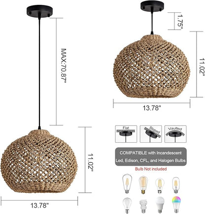 Farmhouse Rattan Pendant Lights, 13.8" Wicker Hand-Woven Rustic Chandelier, Round Hanging Light Fixture for Kitchen Island Bedroom Hallway Entry Living Room Dining Coffee Bar
