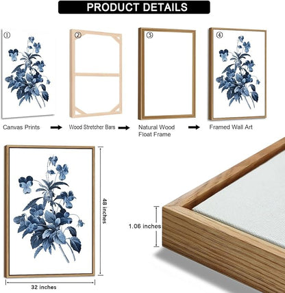 Large Framed Canvas Wall Art - Natural Float Framed Indigo Flowers Picturtes for Living Room Decor Retro Blue Floral Botanical Artwork Plants for Bedroom Kitchen Home Office Decor 96" X 48" Set of 3