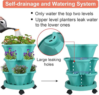 GameXcel Vertical Planter 3 Tier Stackable Planters Garden Planters Strawberry Herb Flower and Vegetable Planter Indoor Outdoor Gardening Pots with Removable Wheels and Tools