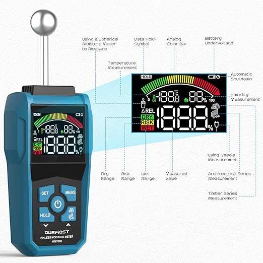 DURFICST Pin&Pinless Moisture Meter with Color LCD & Acoustic Alarm, Detects 20-40 mm Walls, Wood, Masonry, Concrete & Other Building Materials