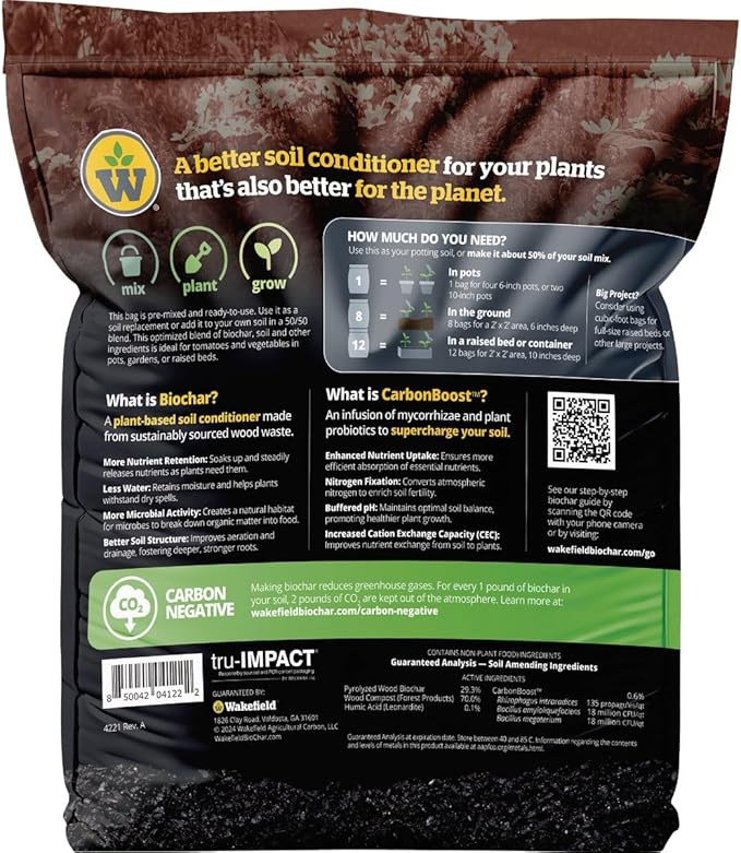 Wakefield Premium Biochar Blend – Organic Potting Soil for Vegetables, Tomatoes & Gardens – Potting Mix Enriched with Humic Acid & CarbonBoost – Versatile Top Soil for Indoor & Outdoor Plants-4quarts