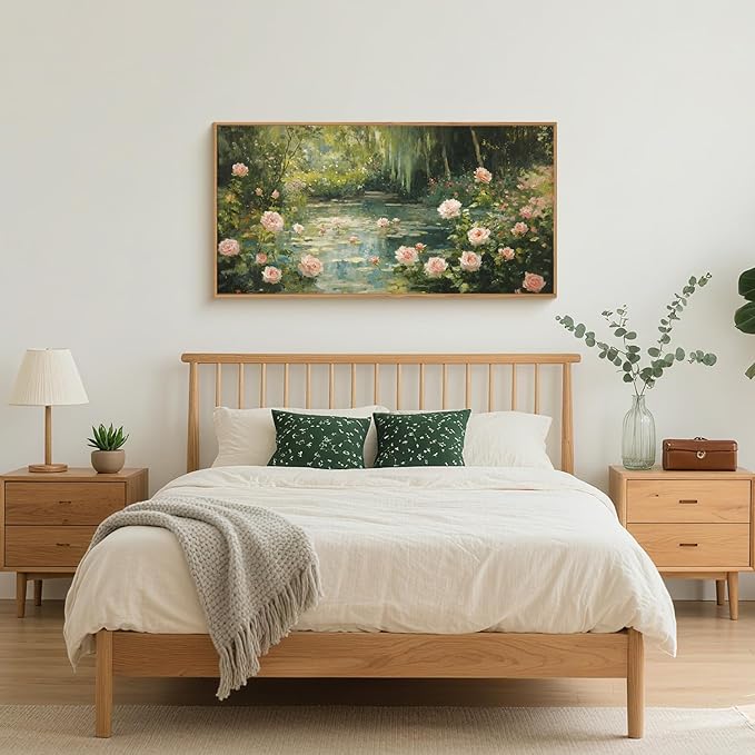 Watercolor Flower Tree Framed Canvas Wall Art Set,Natural White Pink Rose Wildflower Wall Decor,Vintage Dark Green Botanical Artwork for Living Room, Bedroom,Farmhouse-40 x20 x1