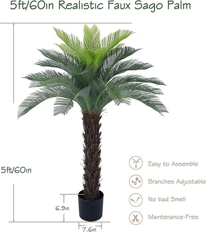 Bellacat 5ft UV Resistant Faux Sago Palm Tree with Natural & Lifelike Bark, 60in Super Full Artificial Cycad Tree with Realistic Leaves for Home Office Patio Porch Front Door Decor.