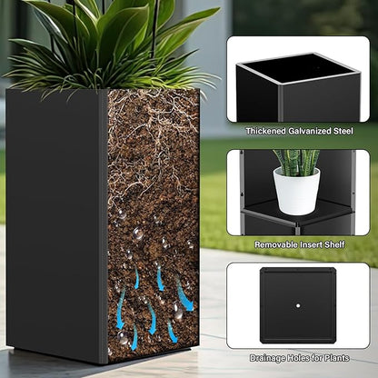 26" Tall Planters, Outdoor＆Indoor Black Planter Pots, Durable All-Weather Use with Drainage Holes, Large Planters Modern Décor for Porch, Patio, Backyard